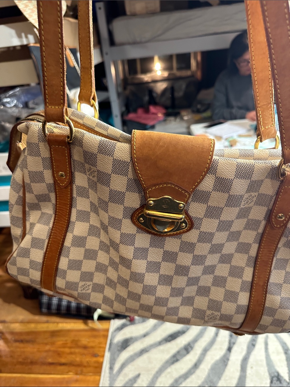 Louis Vuitton Beige Check Shoulder Bag with Brown Trim